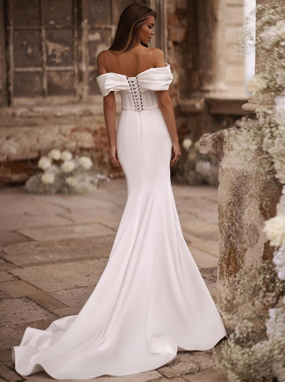 Wedding Dresses Bateau Neck Sleeveless Natural Waist Satin Court Train Bridal Dress