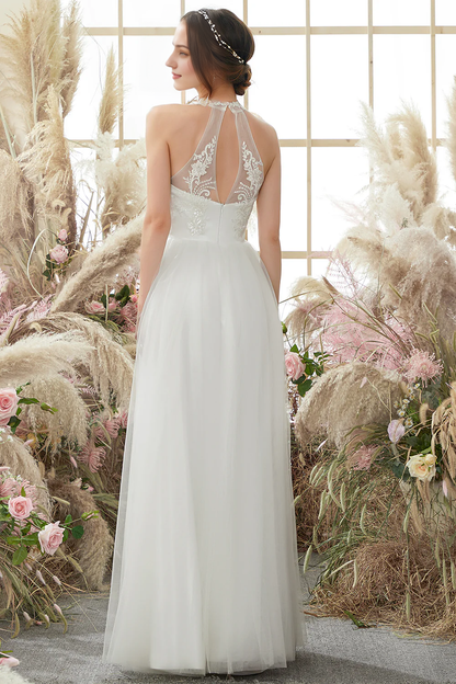 Elegant White Halter Neck Wedding Dress Lace Tulle Long Dress