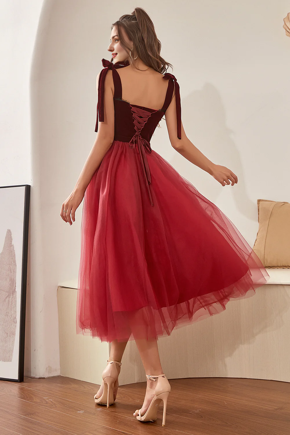 A-Line Princess Burgundy Tulle Cocktail Dresses with Bowknot