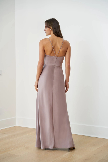 Round neck sleeveless off shoulder side slit and floor length evening gown