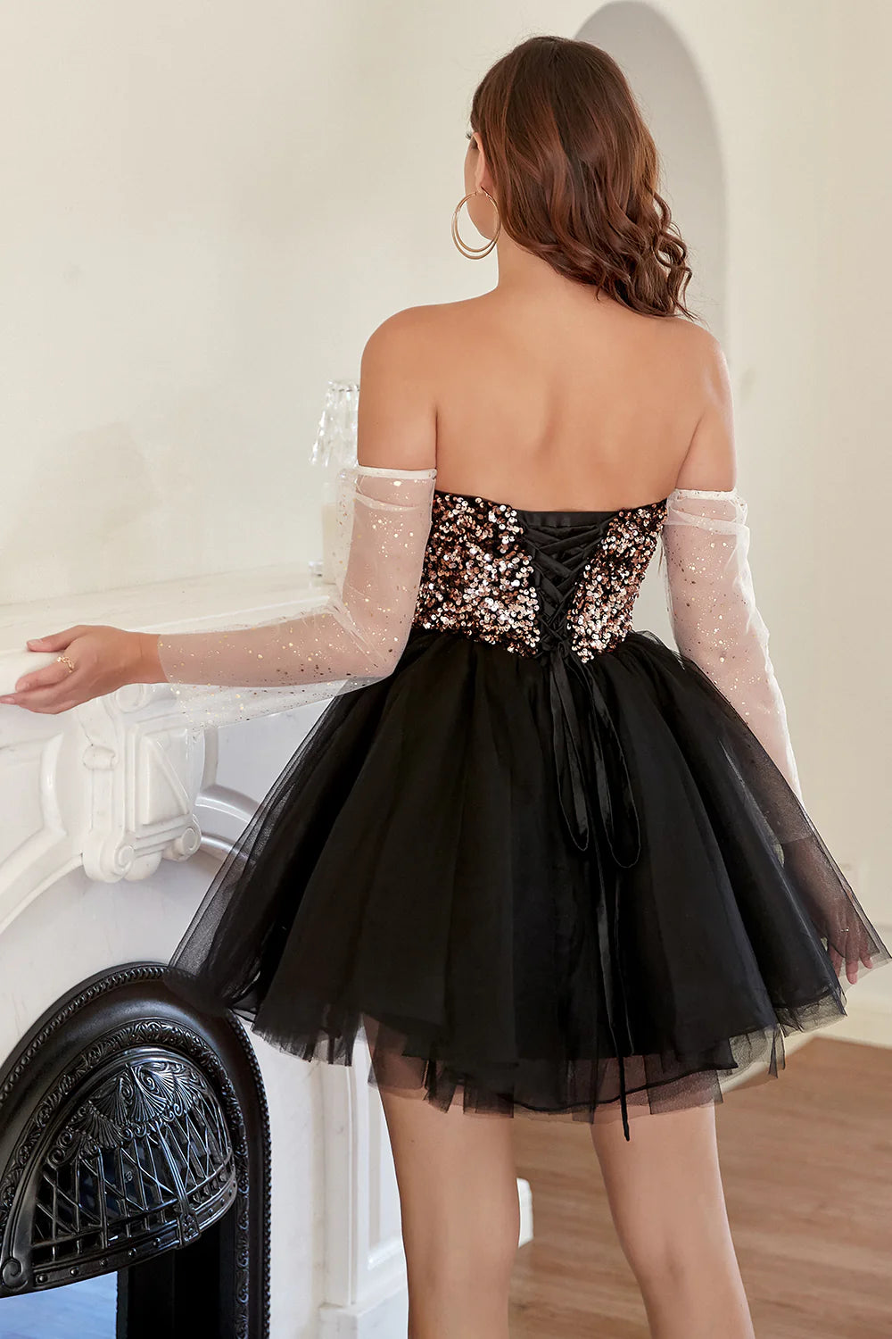 Black Strapless Neck Sequins A Line Tulle Homecoming Dress