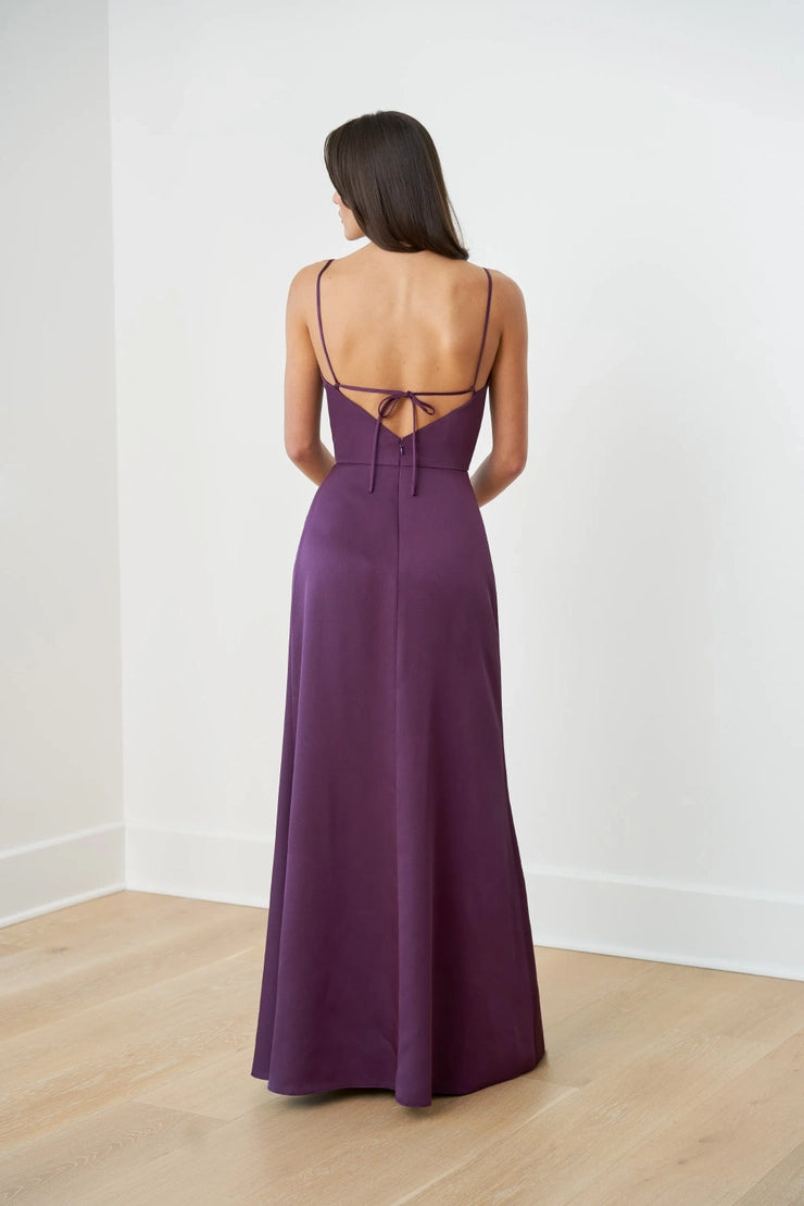 Off shoulder slim shoulder strap backless and floor length evening gown