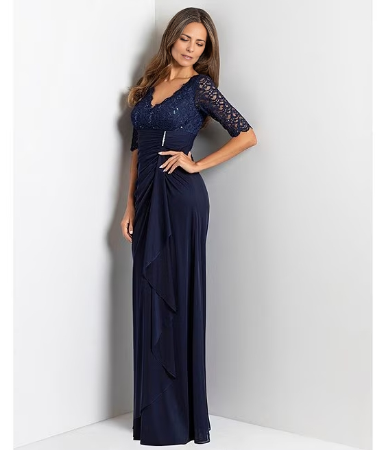 Sequin Lace V-Neck 3/4 Sleeve Waist Draped Gown A-Line Sheath Mother of the Bride Dresse