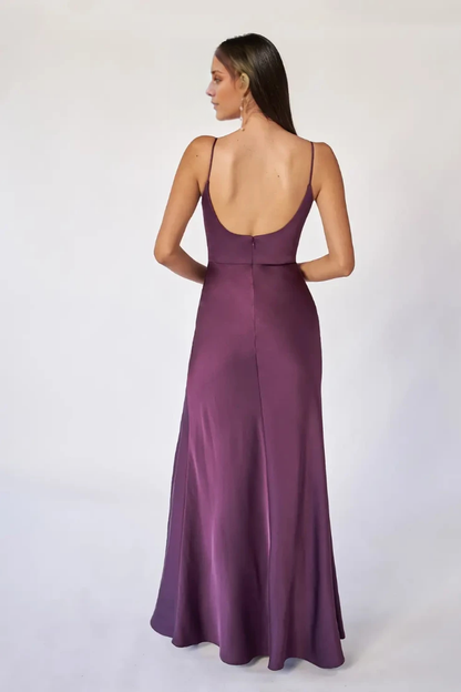 Thin shoulder strap satin backless side slit and floor length evening gown