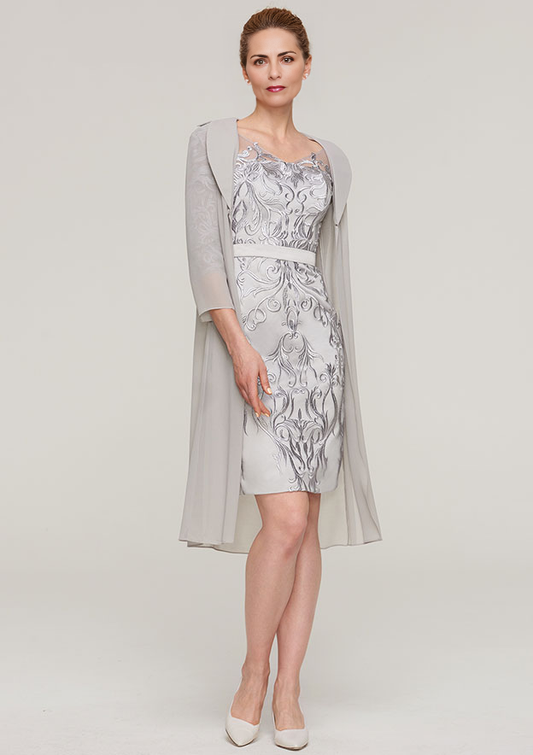 Sheath V Neck Knee-Length Chiffon Mother of the Bride Dress With Jacket Appliqued Waistband