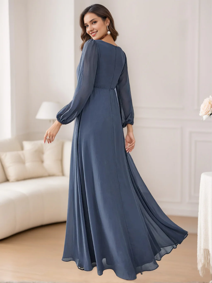 A-line princess V-neck and floor length elegant embroidery mother of the bride dress