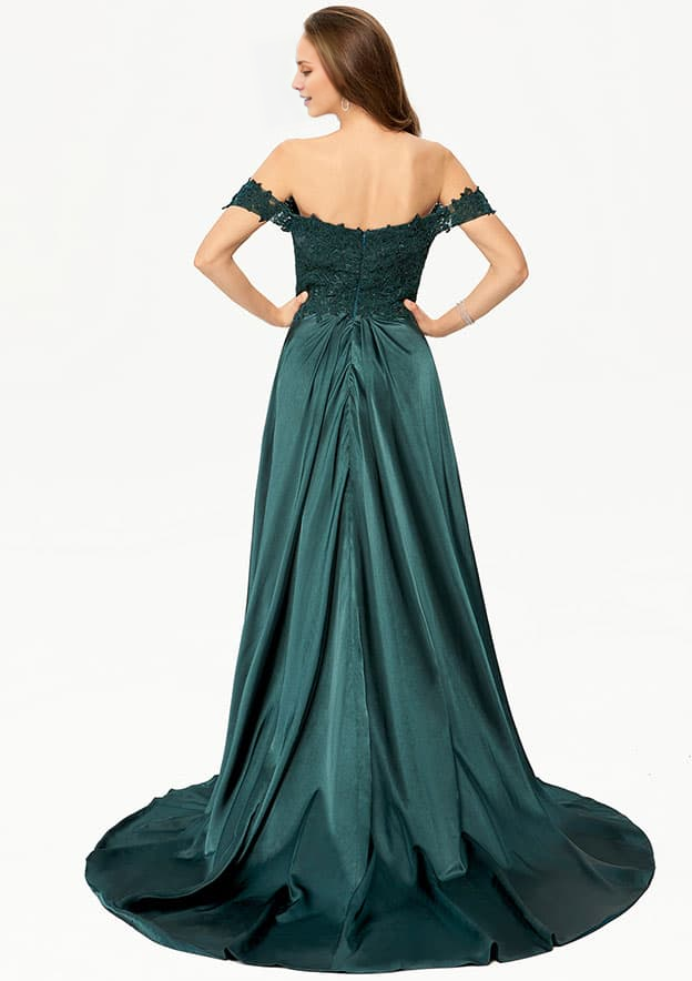 A-line Off-the-Shoulder Sleeveless Evening Dress Train Prom Dress With Lace Split