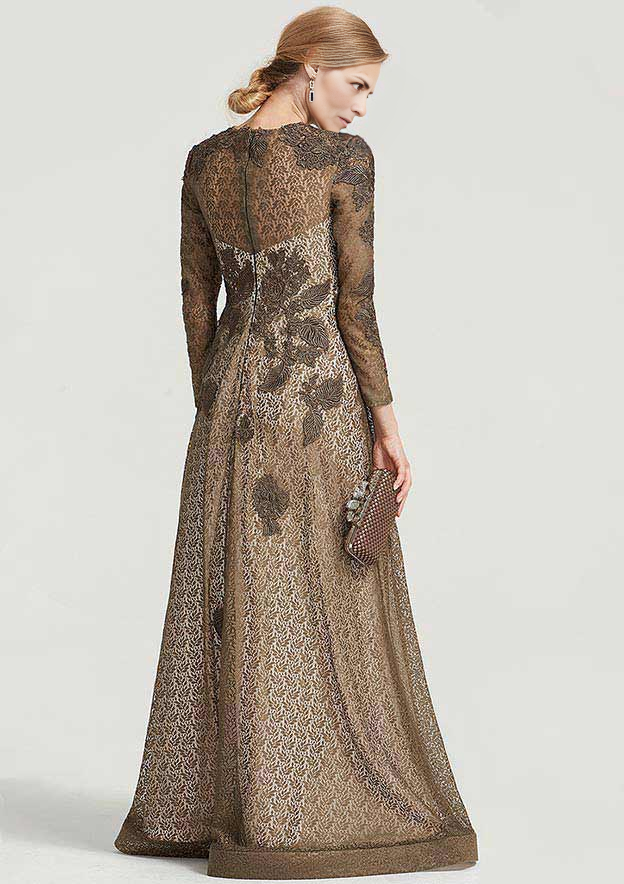 Scoop Neck 3/4 Sleeve Long Lace Mother of the Bride Dress With Appliqued