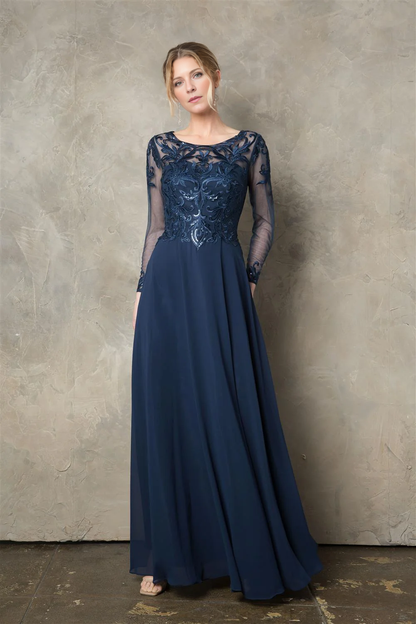 Sequin Embroidered Long Sleeve A-line Chiffon Mother of the Bride Dresse