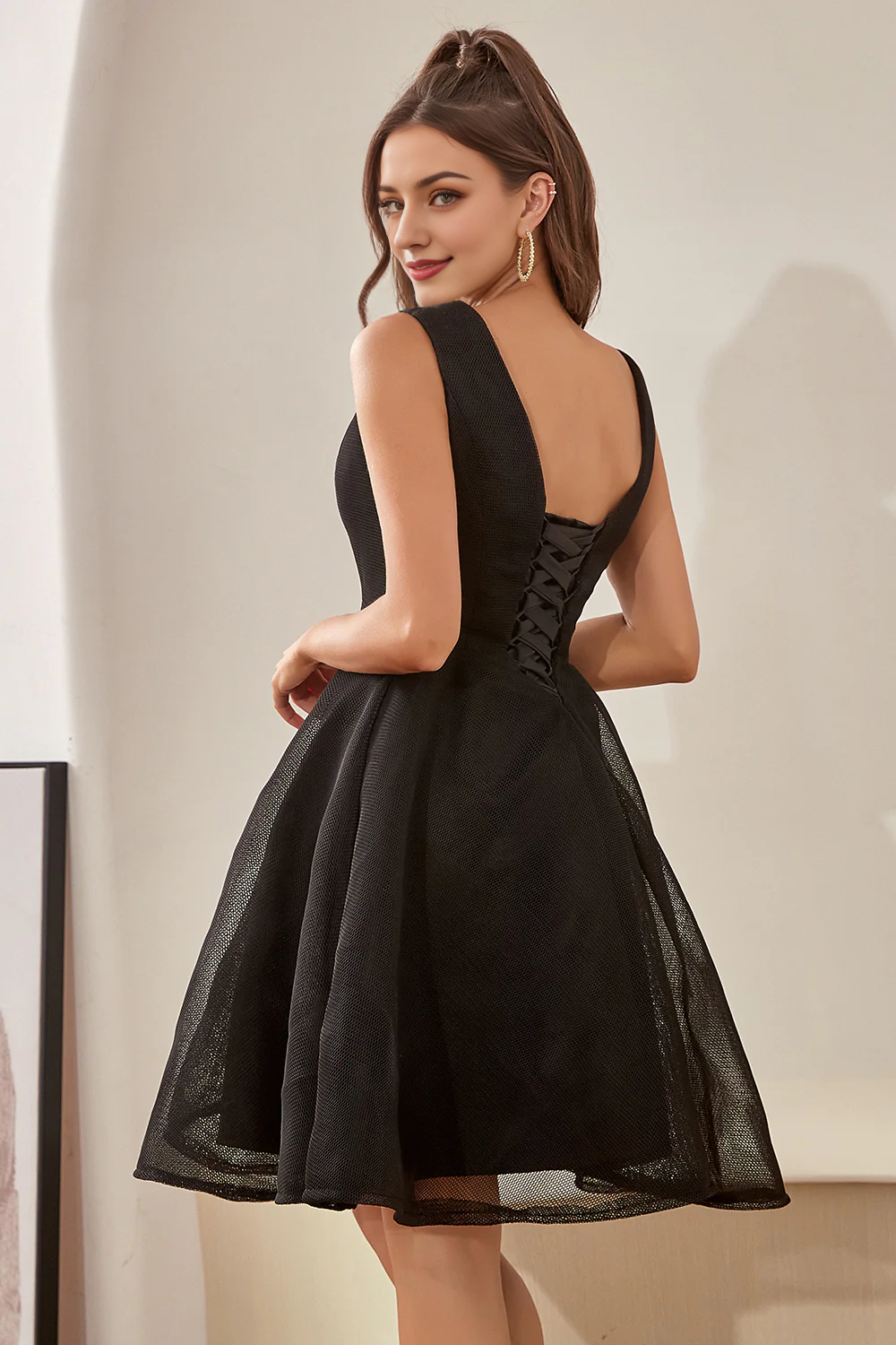 Black A Line V Neck Short Homecoming Dress Cocktail Dresses