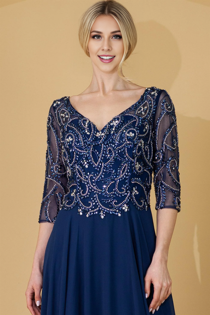 Beaded 3/4 Sleeve V-Neck Chiffon Mother of the Bride Dresse