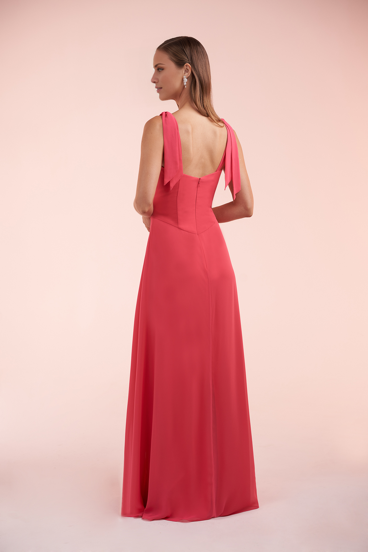 A-line chiffon thin shoulder strap bow shoulder and floor length evening gown