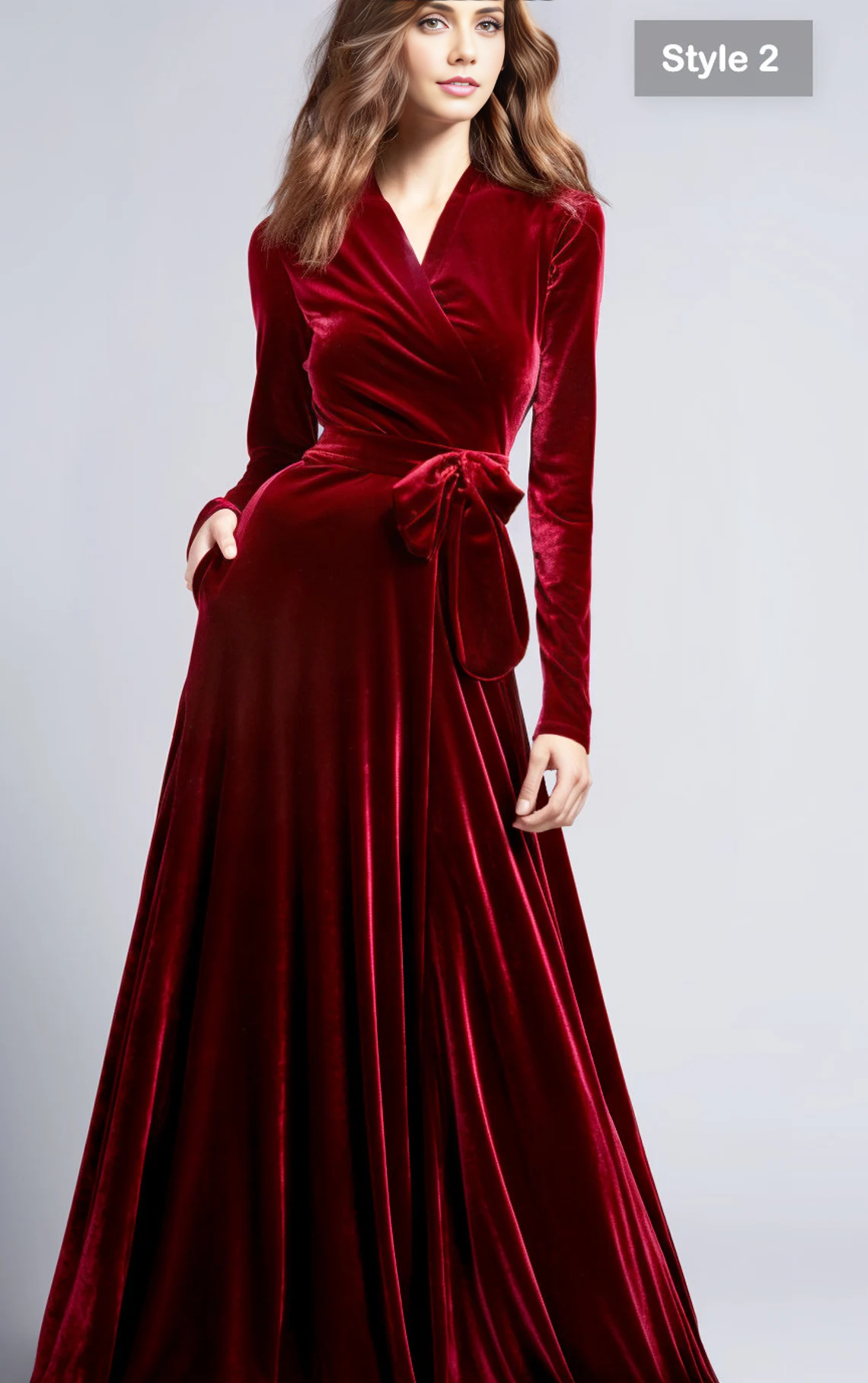 Velvet Retro Maxi Dress Floor-length Bridesmaid Dress Wrap Neck Evening Dresses