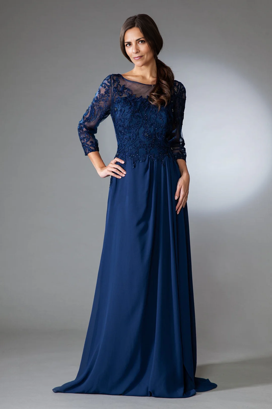 Embroidered 3/4 Sleeve Chiffon Mother of the Bride Dresse