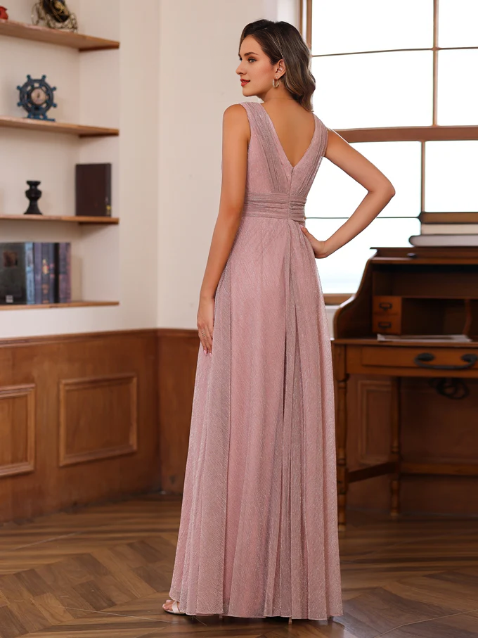 A-shaped princess V-neck sleeveless and unique ground length ruffled mother of the bride dress