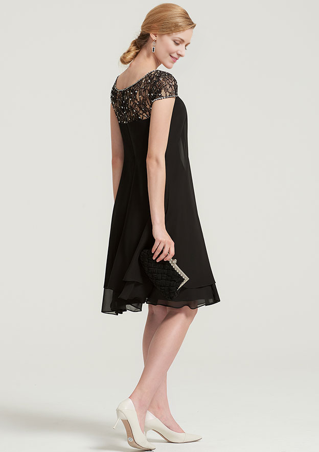 A-line/Princess Bateau Short Sleeve Knee-Length Chiffon Mother of the Bride Dress With Beading Ruffles