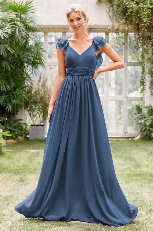 A-Line V-Neck Grey Blue Chiffon Mother of the Bride Dresse Formal Dress