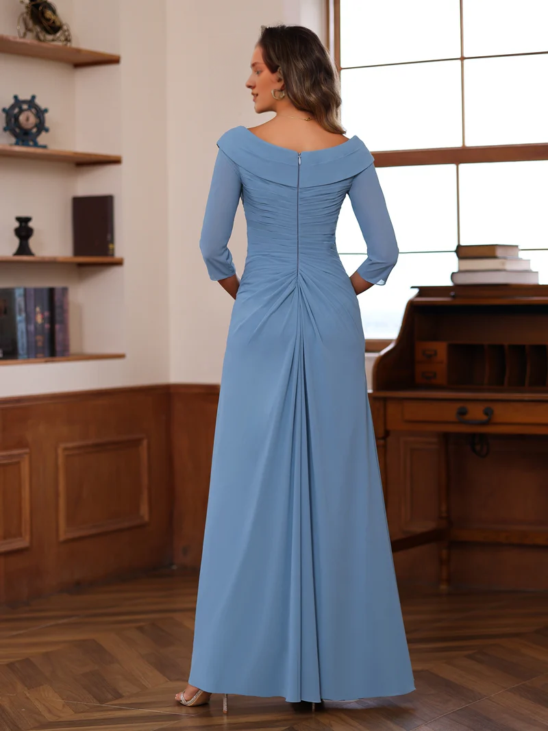 Sheath/cylindrical V-neck 3/4 long sleeved and floor length ruffled mother of the bride dress