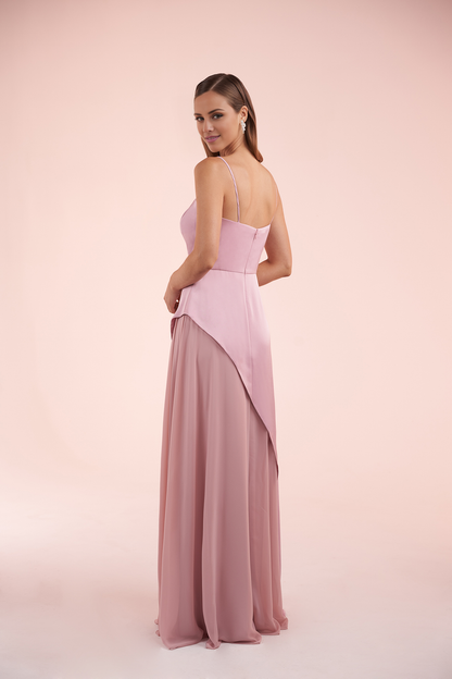 Chiffon A-line thin shoulder strap asymmetrical skirt and floor length evening gown