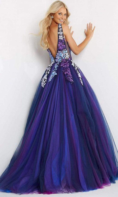 Gradient Floral Embroidered A-line Gown Tulle Prom Dress