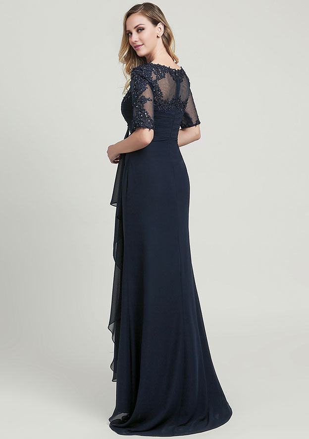 Chiffon Mother of the Bride Dress Scoop Neck Half Sleeve Floor-Length With Sequins Appliqued Pleated