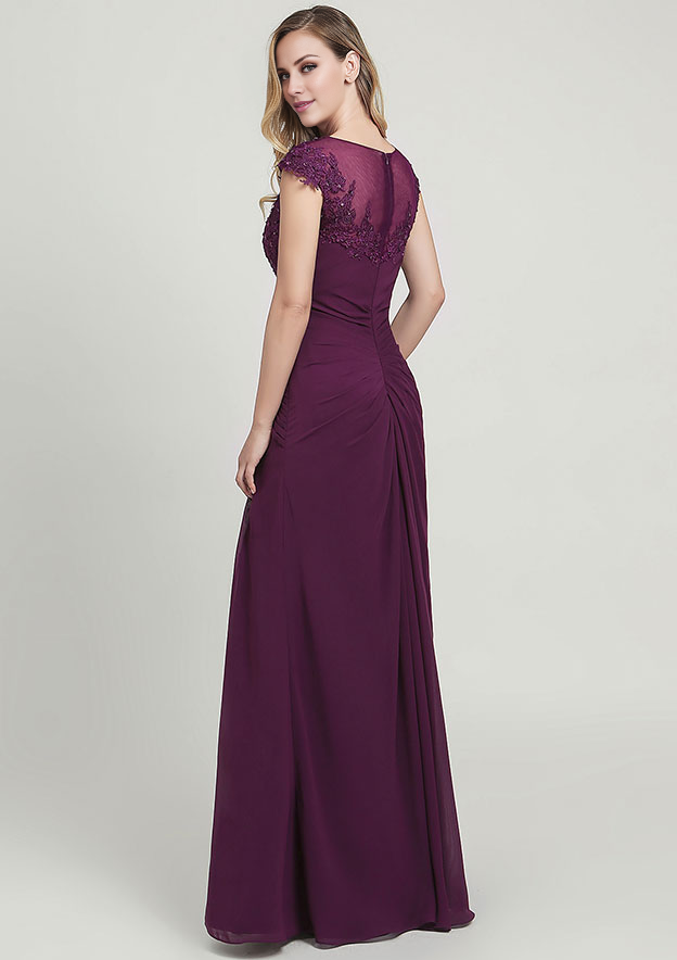 Chiffon Mother of the Bride Dress Bateau Long/Floor-Length With Split Appliqued Pleated Sequins