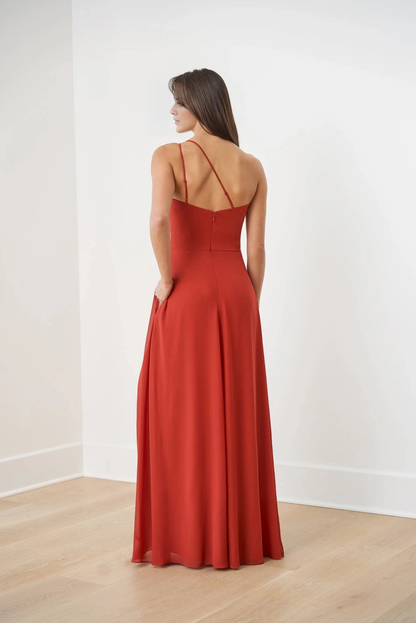 One shoulder neckline sleeveless backless side slit and floor length evening gown