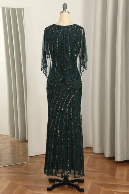 Dark Green Sequined Scoop Neck Long Mother of Bride Dress 1920s Dress