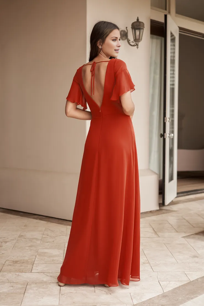 V-neck short-sleeved backless floor-length bridesmaid dress