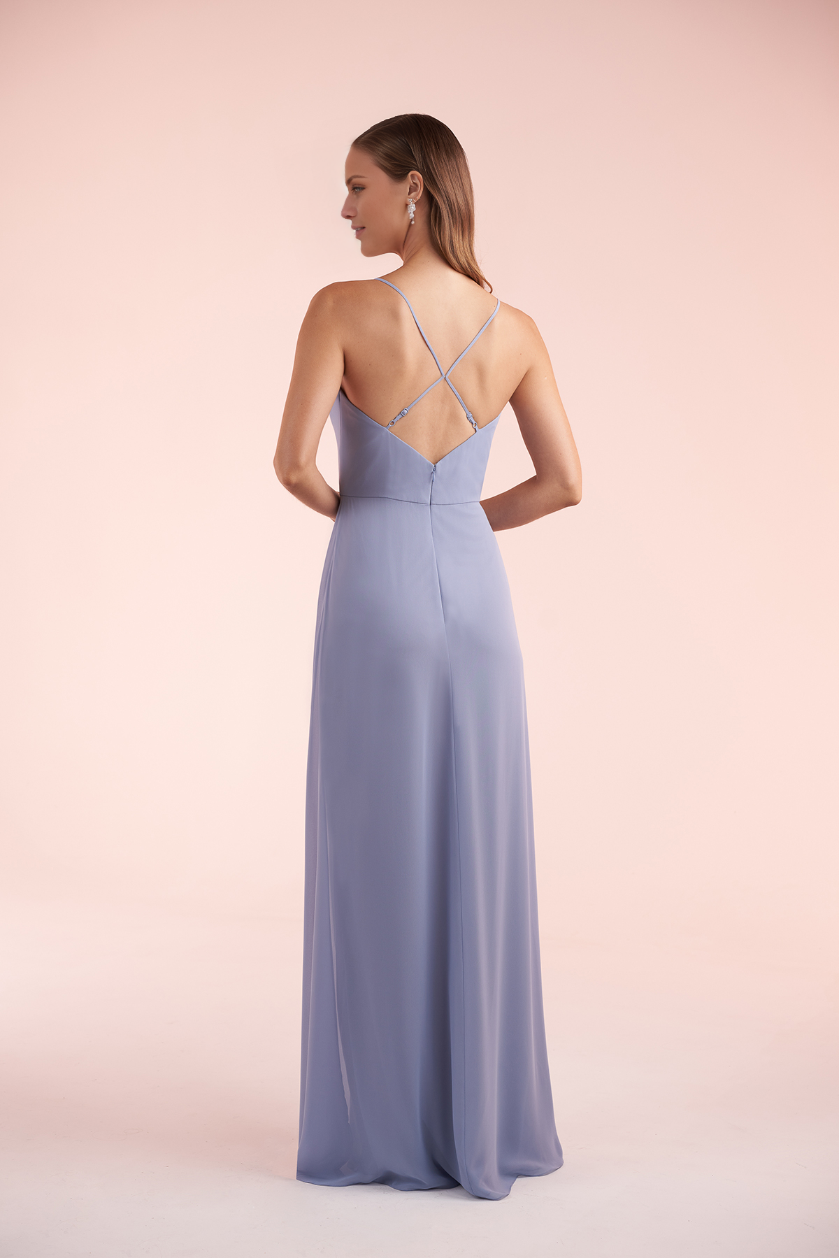 Chiffon high square neck flared slit and floor length evening gown