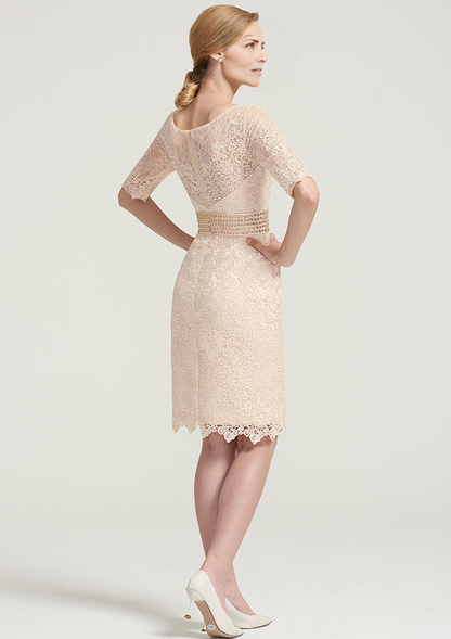 Sheath Bateau Knee-Length Lace Satin Mother of the Bride Dress With Jacket Beading