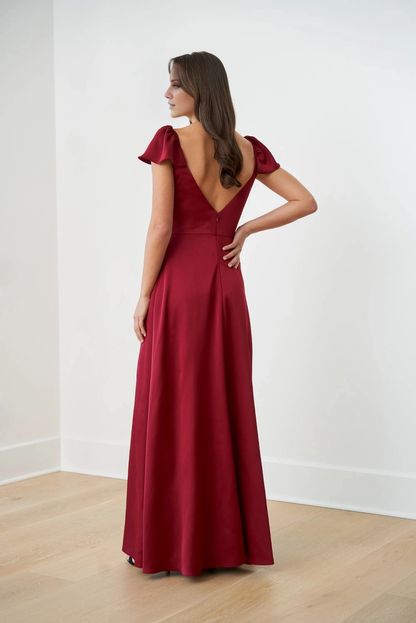 V-neck backless satin short sleeved front slit and floor length evening gown