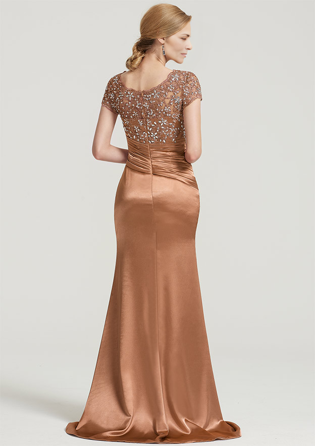 Scoop Neck Sweep Train Charmeuse Mother of the Bride Dress With Ruffles Pleated Beading