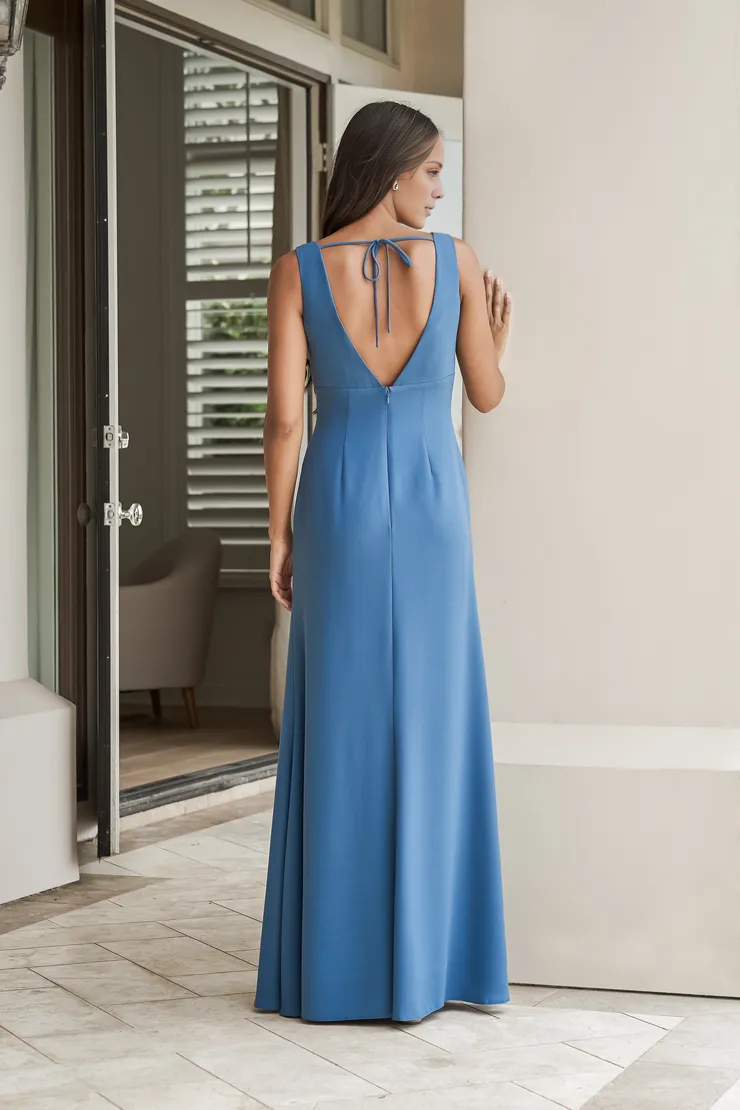 Off shoulder side slit backless satin back zipper and floor length evening gown