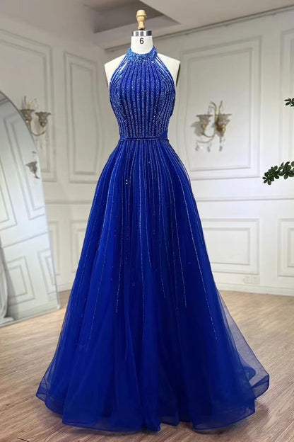 Halter A-Line Evening Gown Prom Dresses Tulle With Beadings Sleeveless