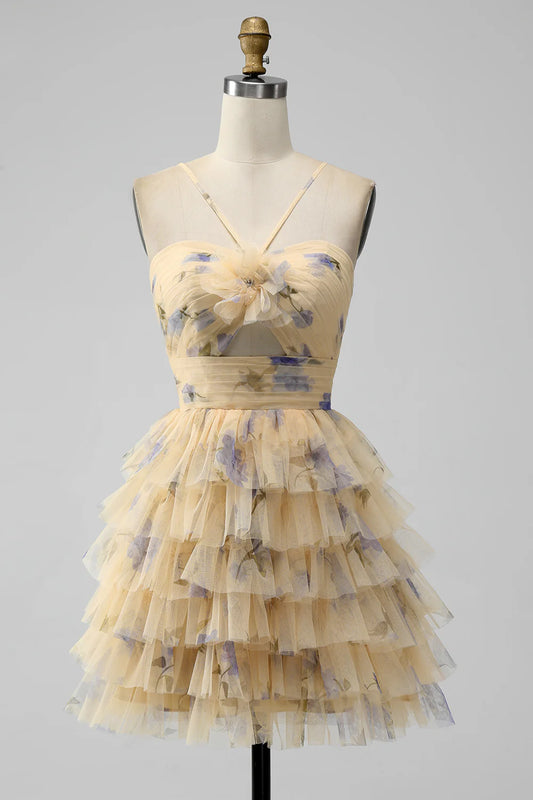 Cute A Line Halter Tiered Tulle Keyhole Homecoming Dress