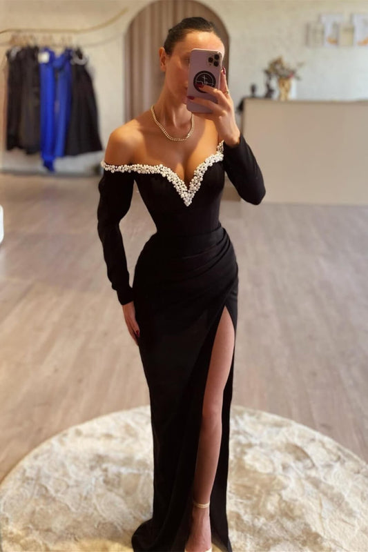 Black Long Sleeves Pearl Evening Prom Dresss Off-the-Shoulder High Split V-Neck Party Dress