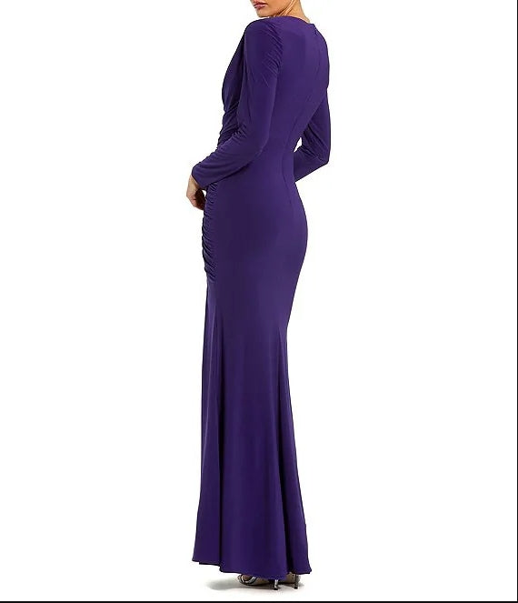 Drape Neck Long Sleeve Ruched Jersey Gown Formal Sheath Wedding Guest Party Dresses