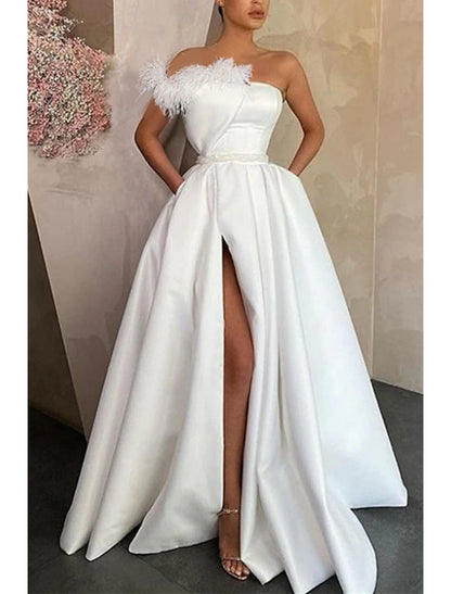 Sheath / Column Evening Gown Party Dress Floor Length Sleeveless Strapless Satin with Feather Slit