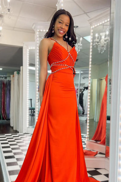 Orange Halter Beaded Long Prom Dresses with Train