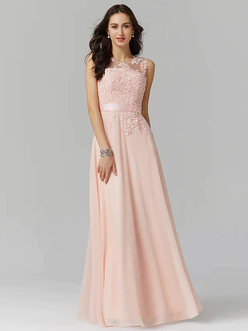 A-Line Evening Gown Wedding Floor Length Sleeveless Georgette with Appliques