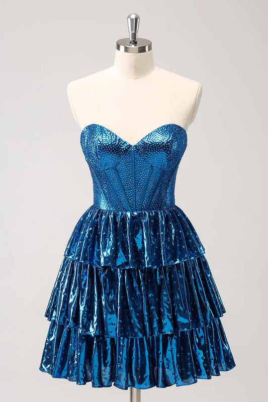 Peacock Blue Cute A-Line Strapless Corset Sweetheart Tiered Short Homecoming Dress