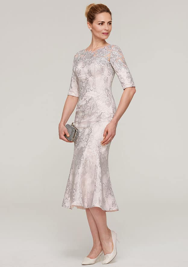 Half Sleeve Tea-Length Lace Mother of the Bride Dress With Appliqued