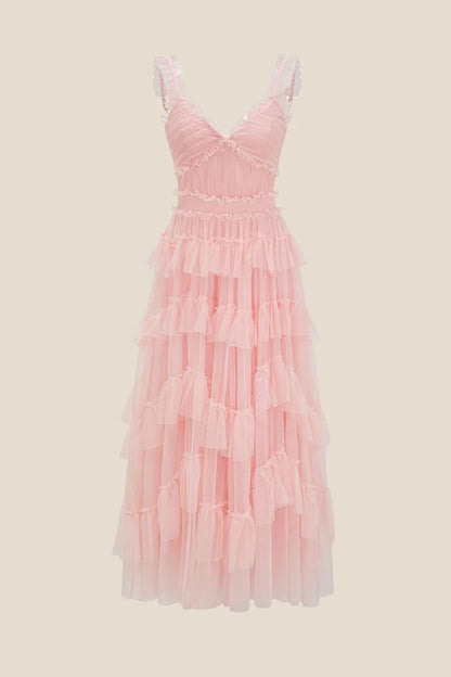 V-neck Pink Ruffle Tiered A-Line Princess Long Dress Party Dresses