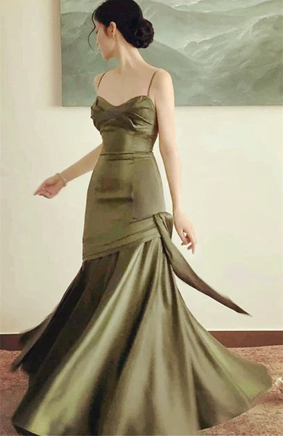 Lovely Green Satin Sweetheart Straps Long Party Dress Green Ruffled Satin Prom Dress