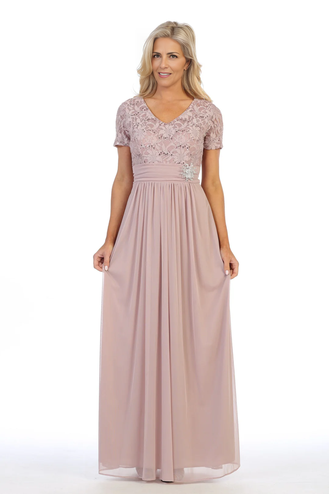 Long Lace Bodice Dress Chiffon Mother of the Bride Dresse Short Sleeves