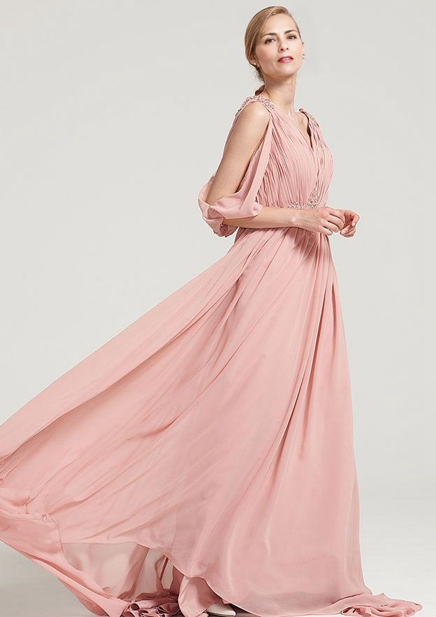 A-line/Princess V Neck 3/4 Sleeve Sweep Train Chiffon Dress With Appliqued