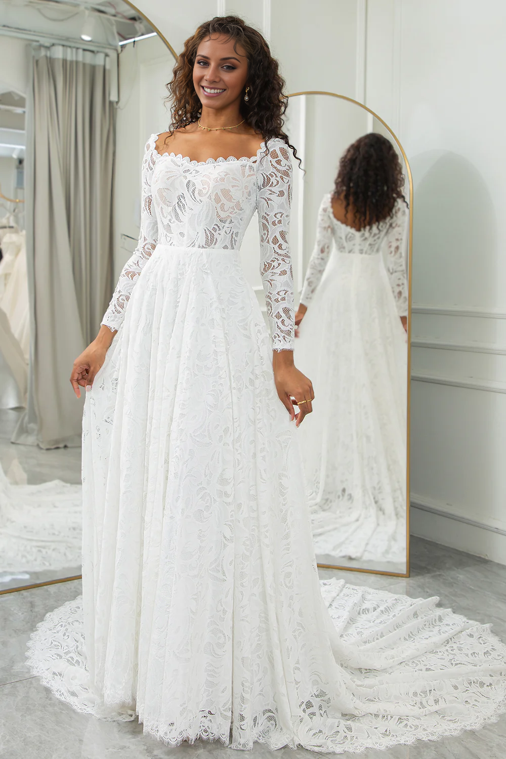 Ivory A-Line Lace Wedding Dress Sweep Train Dress with Sleeves