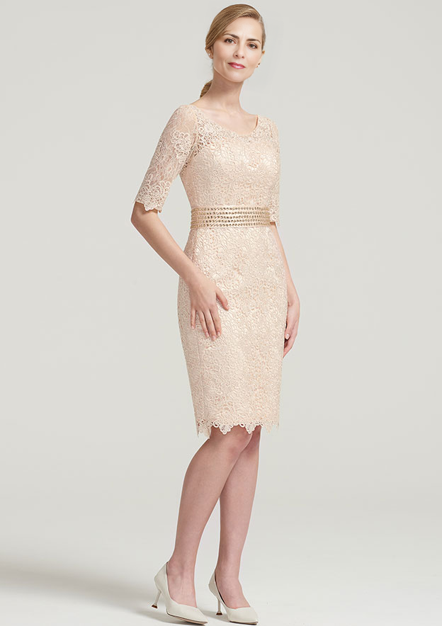 Sheath Bateau Knee-Length Lace Satin Mother of the Bride Dress With Jacket Beading