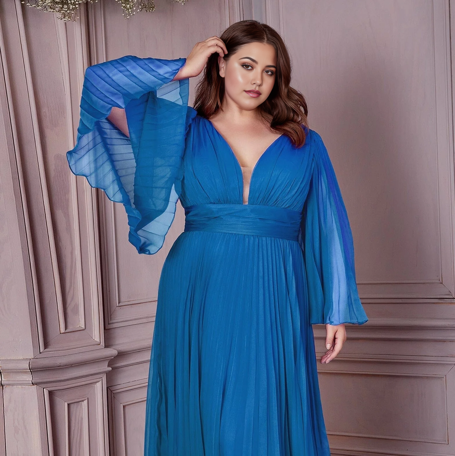 Pleated Bell Sleeve Tea Length Chiffon Mother of the Bride Dresse